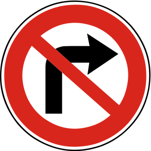 Značka B 27a - Zákaz odbočovania vpravo - zakazuje odbočovanie vpravo napríklad na križovatke, na miesto mimo cesty, na poľnú cestu, lesnú cestu, cestičku pre cyklistov, do obytnej zóny alebo do pešej zóny.