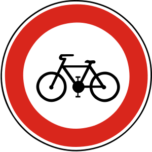 Značka B 11 - Zákaz vjazdu bicyklov - zakazuje vjazd bicyklov; zákaz sa nevzťahuje na prípady, keď je bicykel tlačený.