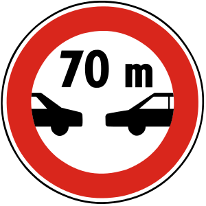 Značka B 19 - Zákaz jazdy motorových vozidiel vo vzdialenosti kratšej, ako je vyznačené - zakazuje vodičovi motorového vozidla jazdu za motorovým vozidlom idúcim pred ním vo vzdialenosti kratšej, ako je vyznačené na značke.