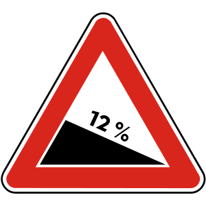 Značka A 3a - Nebezpečné klesanie - upozorňuje na miesto, kde klesanie cesty presahuje 10% alebo kde miestne podmienky robia klesanie nebezpečným, napríklad kde sa nachádza železničné priecestie, križ
