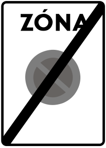Značka IP 24b - Koniec zóny s dopravným obmedzením - vyznačujú oblasť (časť obce a podobne), kde platí zákaz alebo obmedzenie vyplývajúce z použitých symbolov značky alebo značiek.