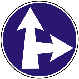 Značka C 4b - Prikázaný smer jazdy -  prikazujú smer jazdy len v smere, ktorým šípky vyobrazené na príslušnej značke ukazujú, čím je zároveň vyjadrený zákaz jazdy iným smerom. Značky C1 až C4c sa používajú najmä pred križovatkou.